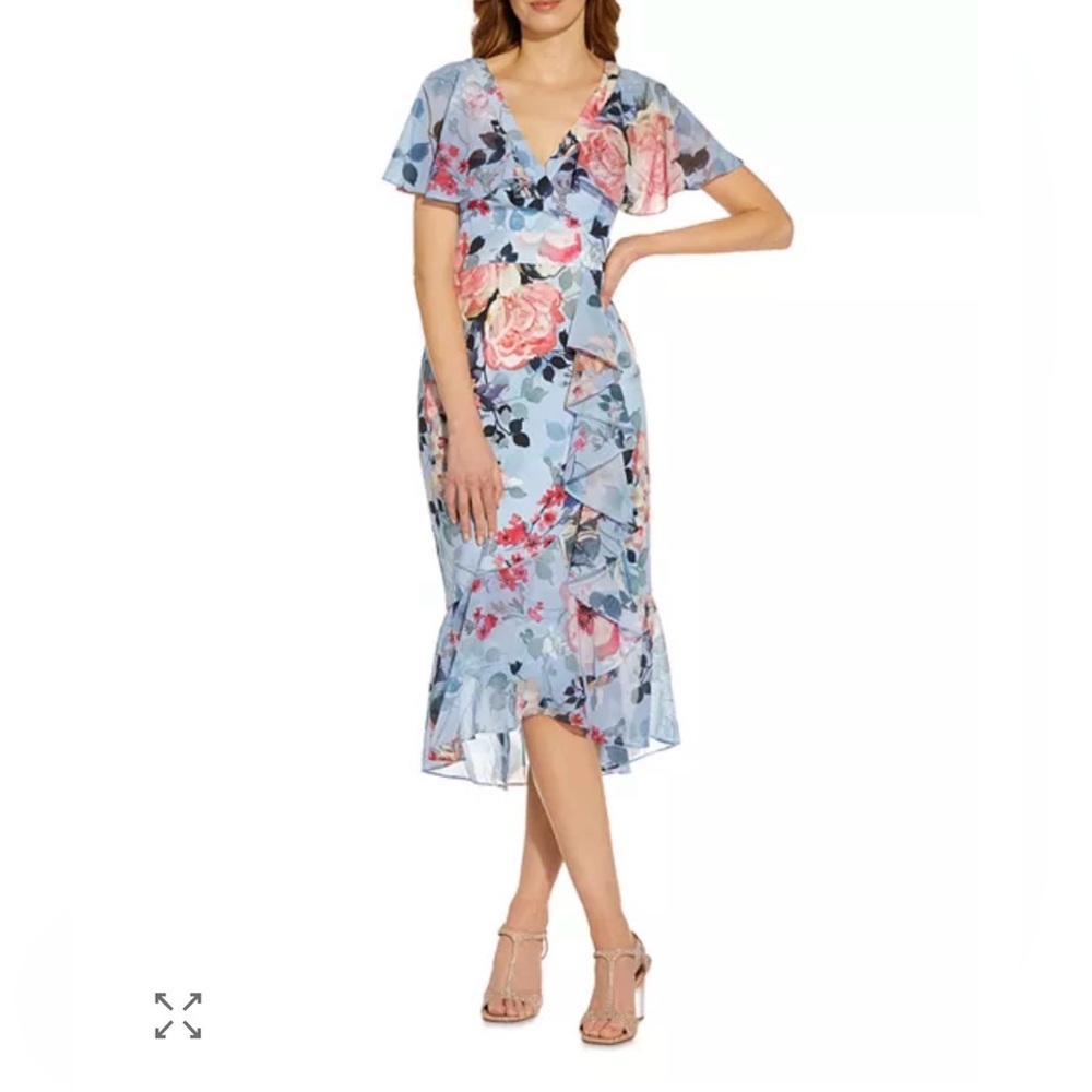 Adrianna Papell Floral Print Faux Wrap Ruffled Dress Size 6